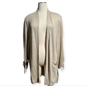 J.JILL LOVE LINEN OPEN FRONT 100% LINEN CARDIGAN ADJUSTABLE SLEEVES OATMEAL XL